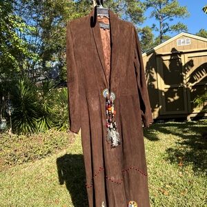 Anna Trzebinski  Brown Suede Beaded Handmade Duster Jacket  Kenyan Tribal Rare